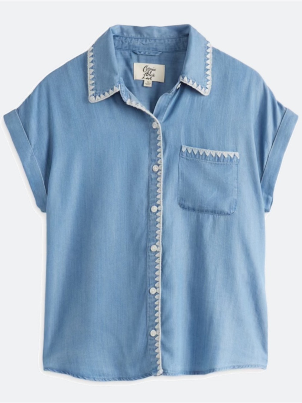Cosmic Blue Love Aubrey Whipstitch Button-Up Shirt in Blue Chambray